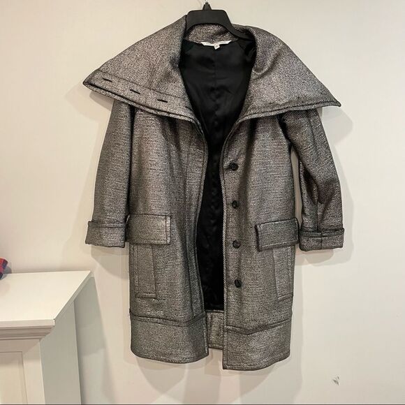 Diane von Furstenberg Silver Glitter Peacoat Front pockets Wool - Picture 2 of 11